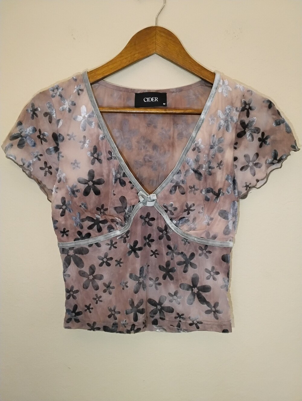 Cider Crop Top Womens Medium Sheer Lavender Grey Velvet Floral Y2K Festival Wear